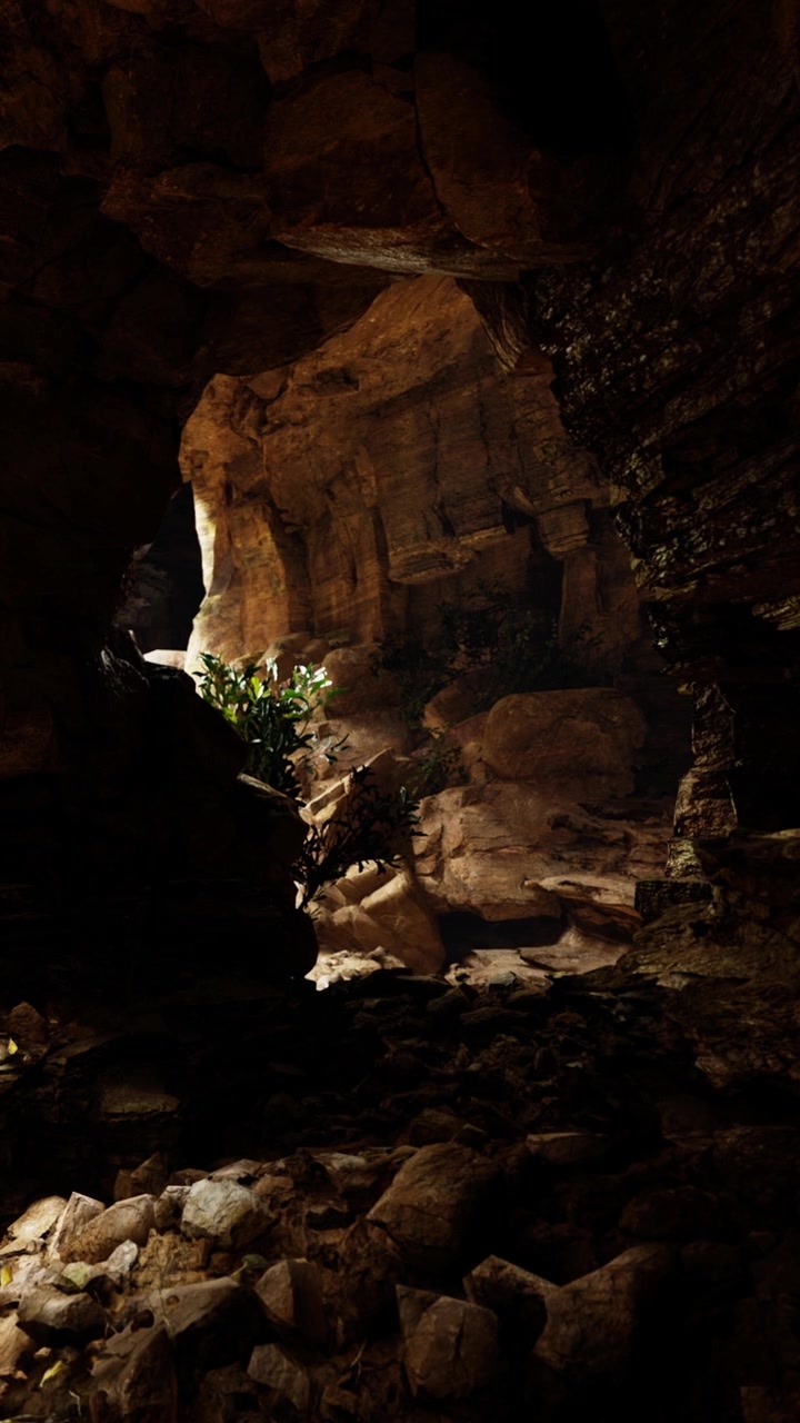 Esplorando una grotta buia con rocce e piante verdi in un ambiente naturale