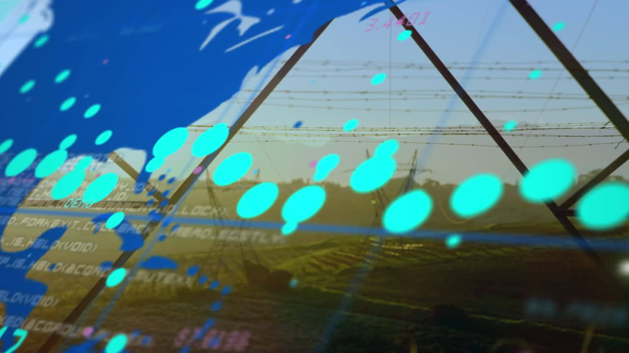 전력 기둥 위의 지구와 데이터 처리의 애니메이션