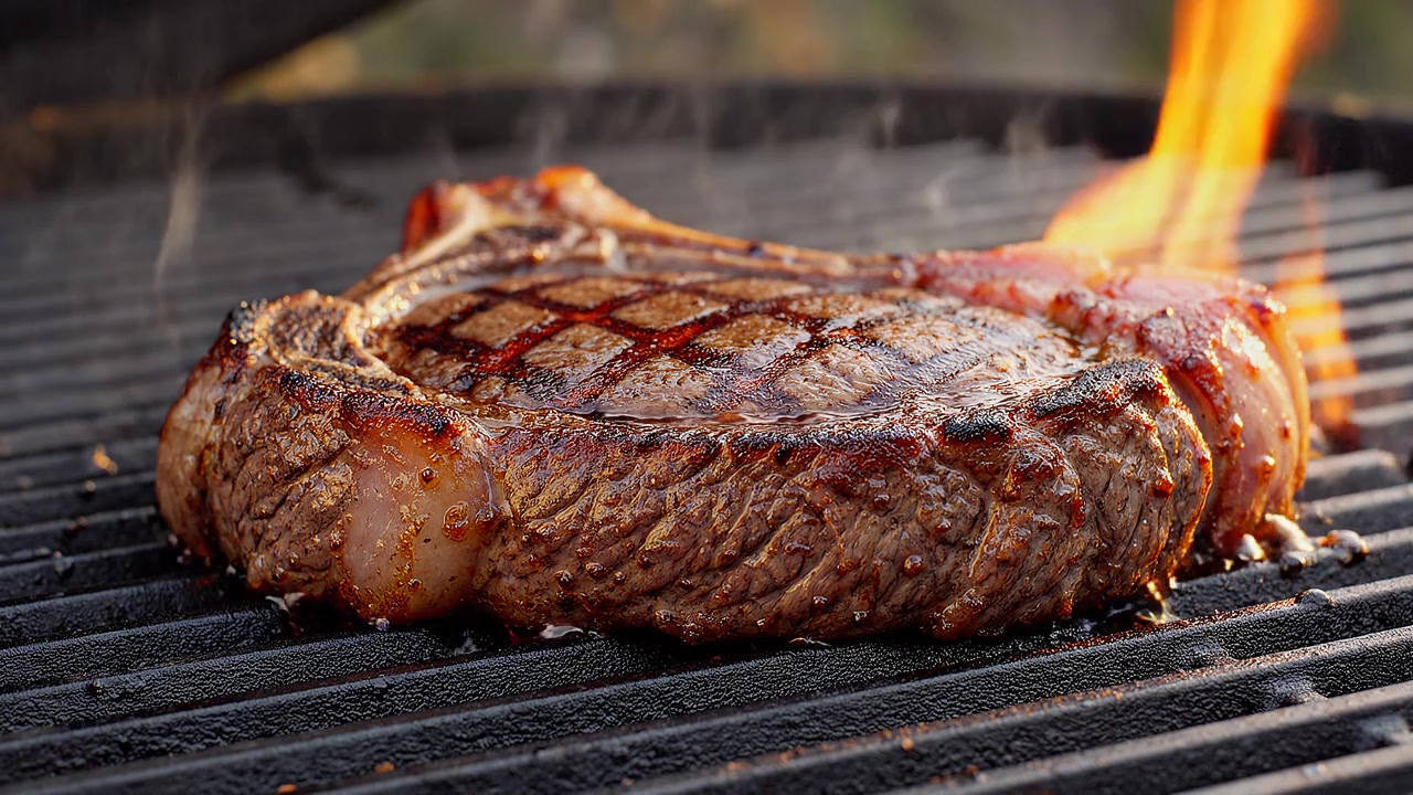 Succulenta bistecca di costata con osso che sfrigola su griglia barbecue all'aperto