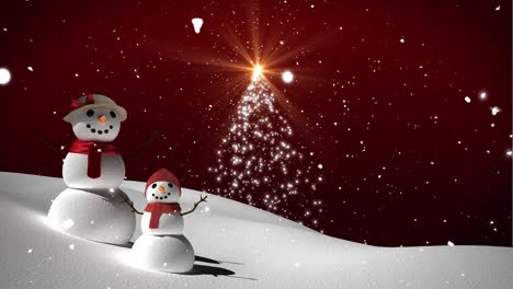 Animation-Von-Weihnachtsbaum,-Schneemännern-Und-Fallendem-Schnee-In-Der-Winterlandschaft