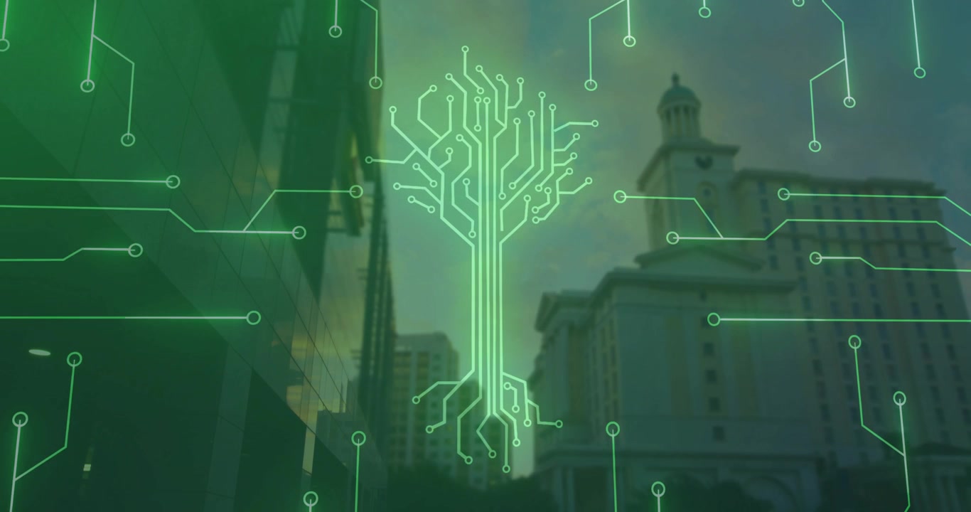 Faint green curved line appearing at dusk skyline driving circuits merging into glowing tree fading