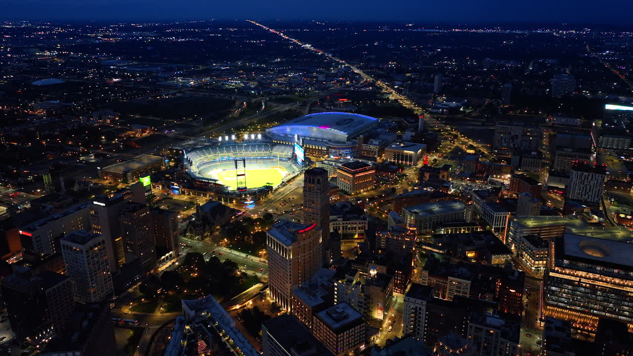 Detroit, USA, 28 July 2025: Brightly illuminated Comerica Stadium in the night scenery of Detroit, Michigan, USA
