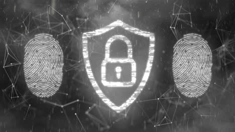 animación del escáner biométrico de huellas dactilares y el icono del candado de seguridad frente a la red de conexiones