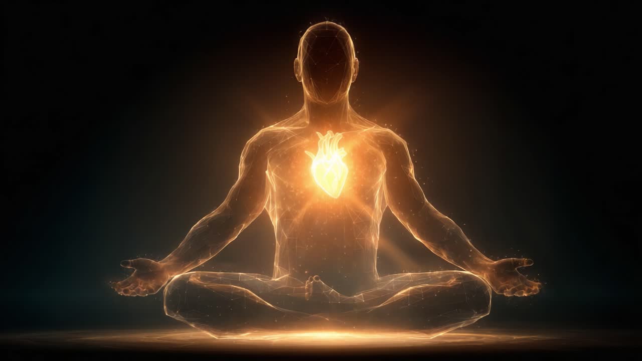 Una Rappresentazione Luminosa dell'Armonia Interiore: Una Figura Meditativa con un Cuore Radioso che Simboleggia il Risveglio Spirituale e l'Equilibrio Emotivo.