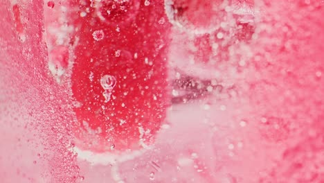 foto macro de grandes burbujas rojas flotando y goteando en agua roja brillante