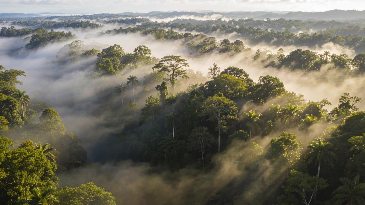 Gliding drone revealing tropical canopy over rainforest, fog drifting with sunrise warming crowns