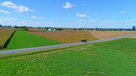 Una-Vista-Aérea-De-Granjas,-Silos-Y-Tierras-De-Cultivo-Que-Pronto-Serán-Cosechadas-Con-Un-Caballo-Amish-Y-Un-Buggy-Viajando-A-Través-De-él-2