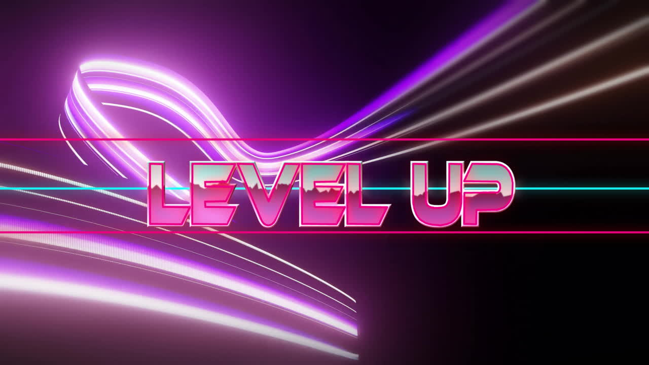 Animazione del testo 'Level Up' su sfondo con motivo al neon.