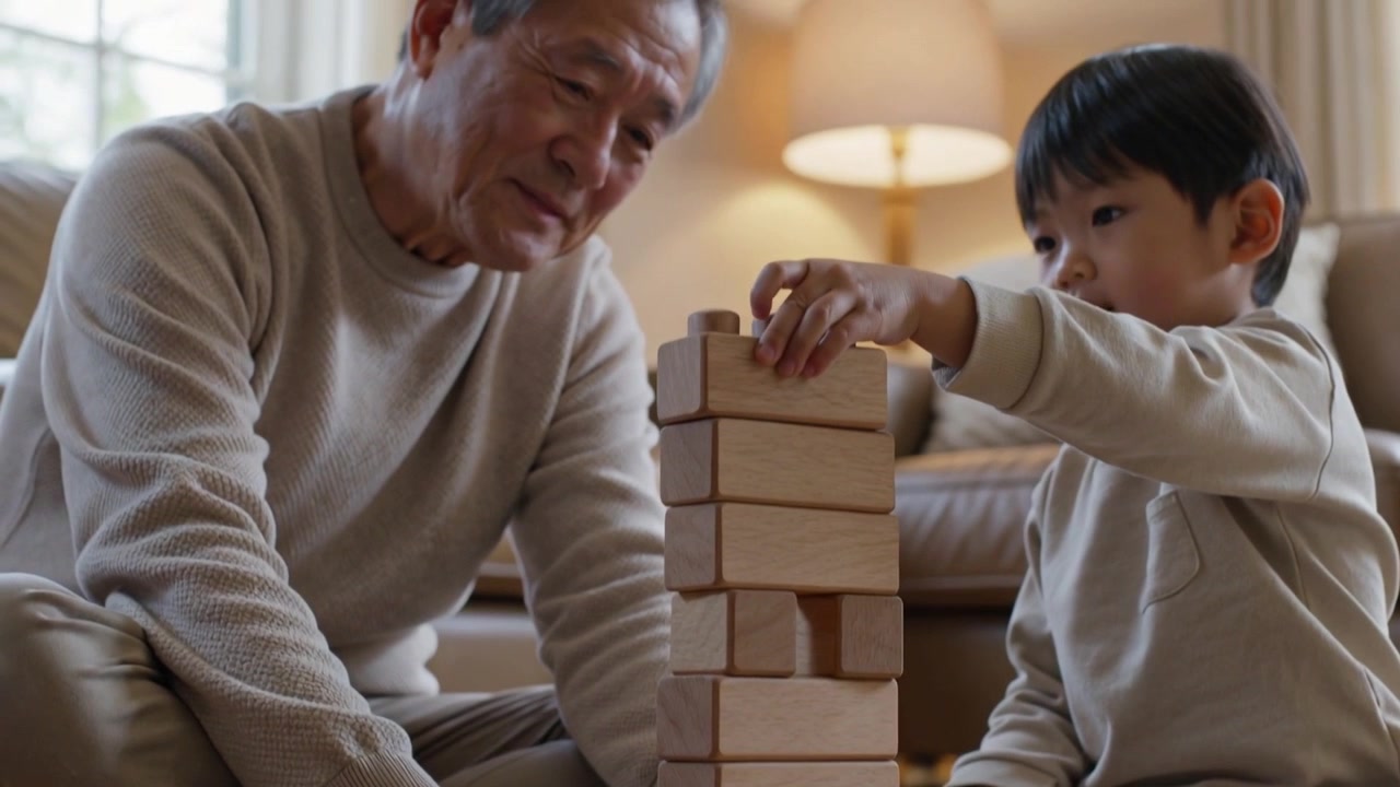 Positioning blocks, grandpa steadying while boy reaching and placing, building tower on rug at home