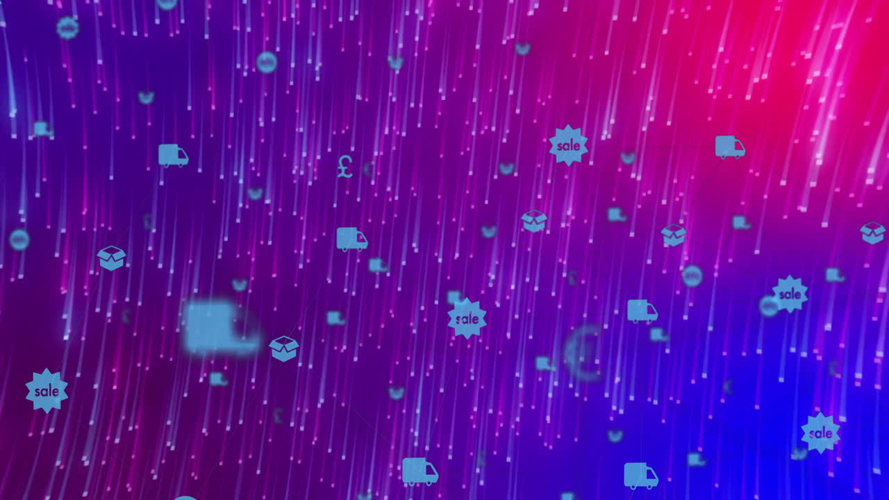 Animation of digital icons floating over vibrant pink and blue abstract background