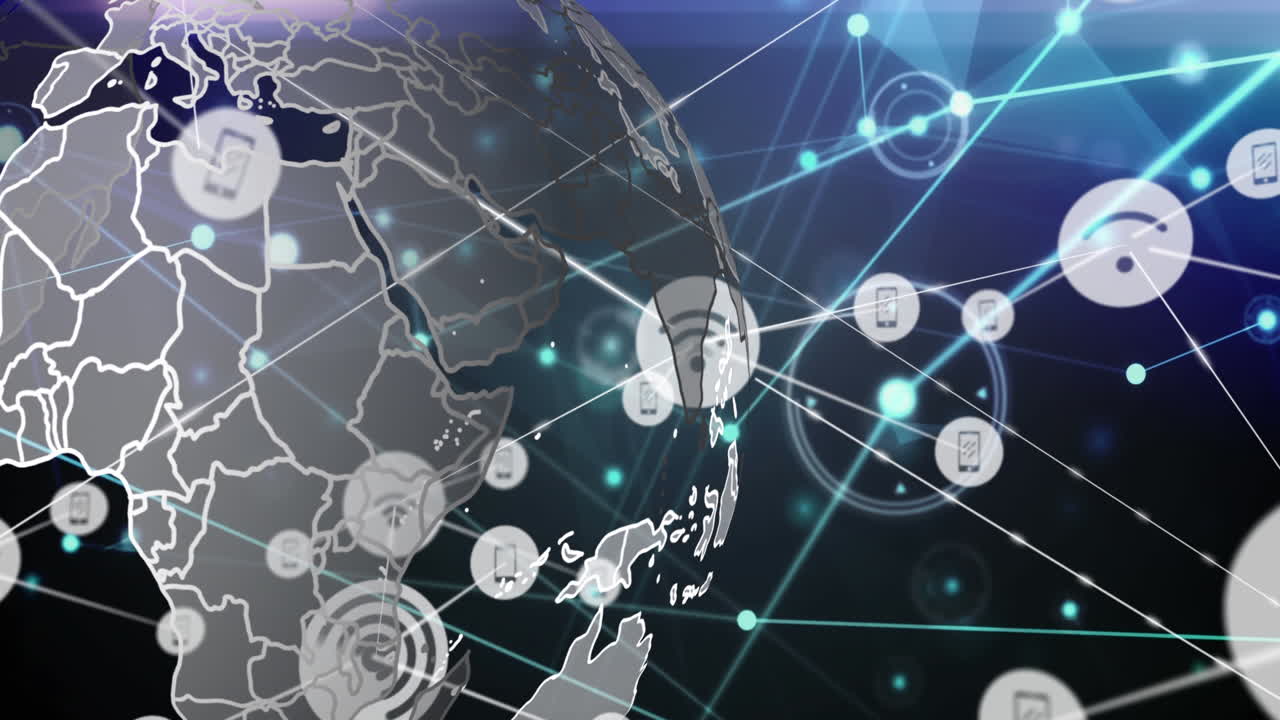 렌즈 플레어, 회전하는 지구와 검은 바탕에 연결된 점 위에 연결된 아이콘의 애니메이션