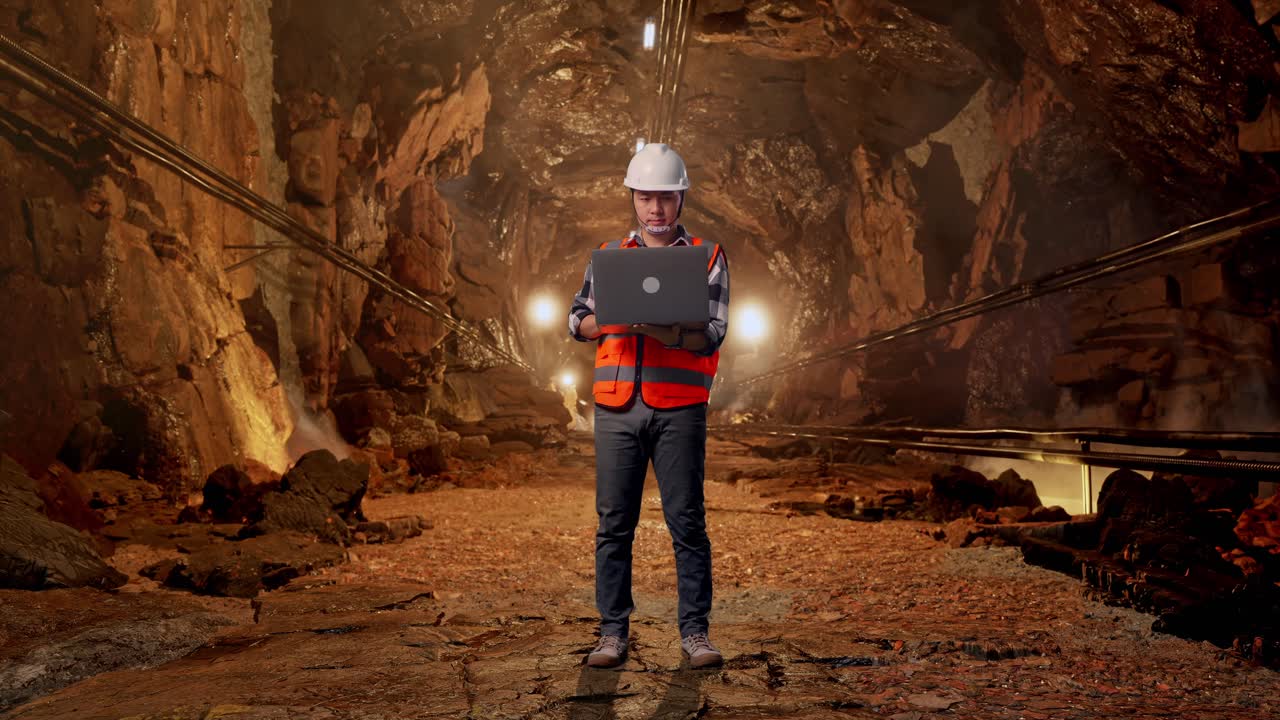 Full Body Of Asian Male Engineer With Safety Helmet Working On A Laptop While Standing In Underground Mine Tunnel