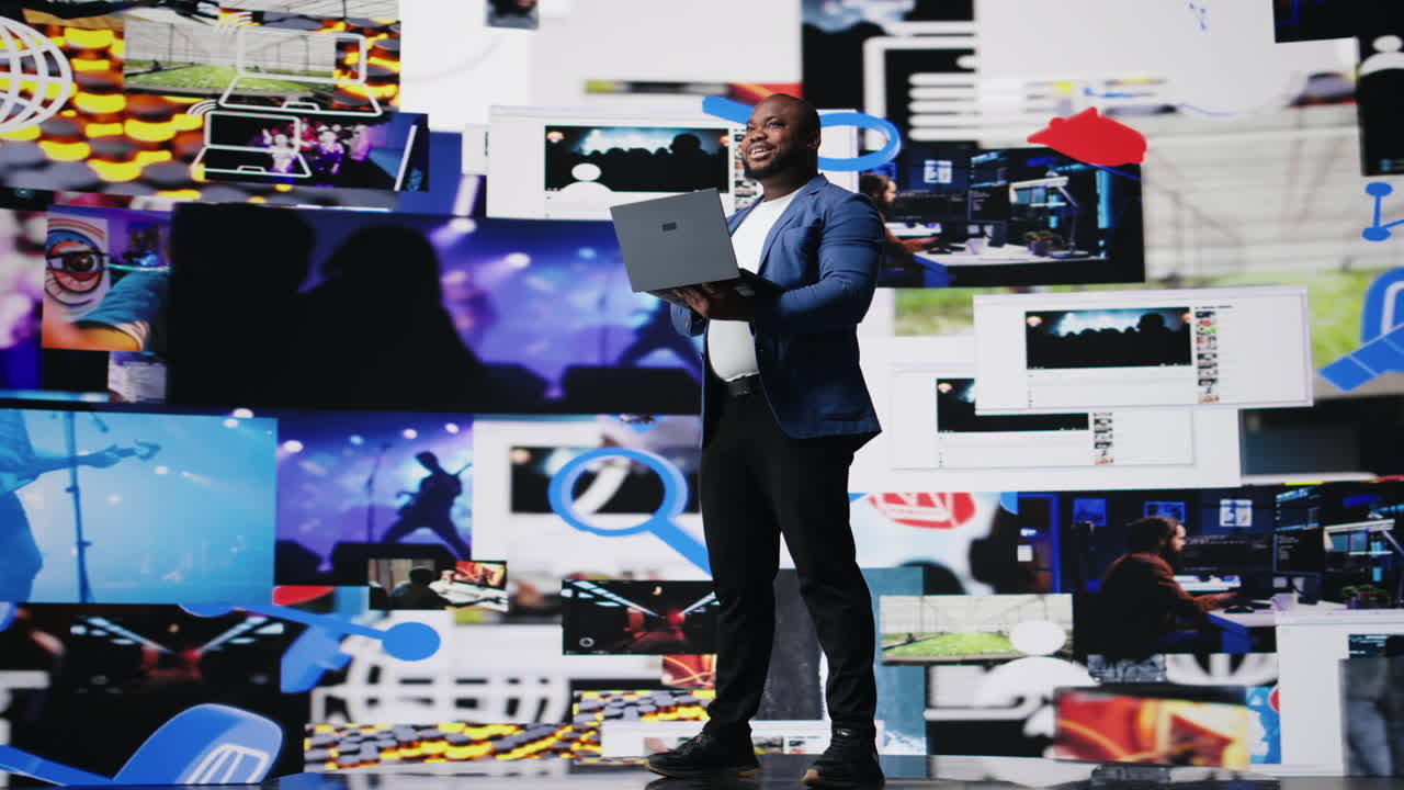 Black social media manager browsing high tech environment with app interfaces