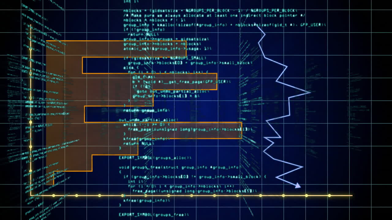 Data processing animation with graphs and code over blue grid background