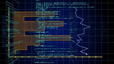 data processing animation with graphs and code over blue grid background