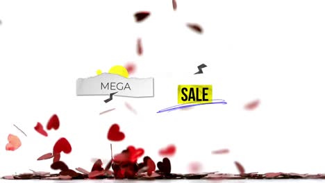 Animation-Von-Mega-Sale-Text-über-Formen-Und-Herzen-Auf-Weißem-Hintergrund