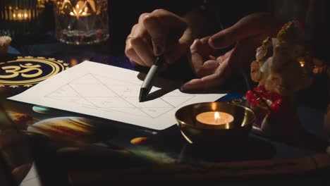 close-up de mulher dando leitura de astrologia lagna ou gráfico de nascimento na mesa à luz de velas 2