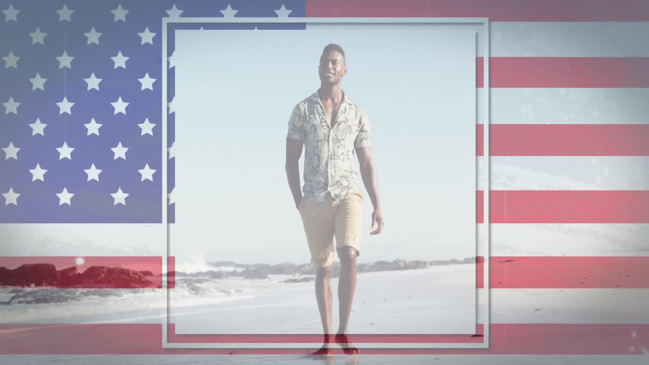 Animation of american flag waving over woman using smartphone lying man walking on beach