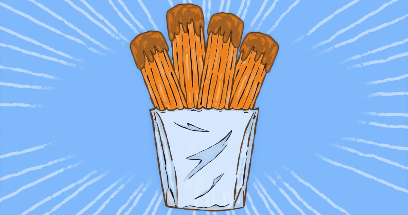 On start container with chocolate-dipped orange sticks appearing amid pulsing streaks for motion