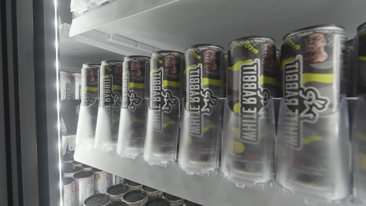 White Rabbit Energy Drink Cans in a Refrigerated Vending Machine