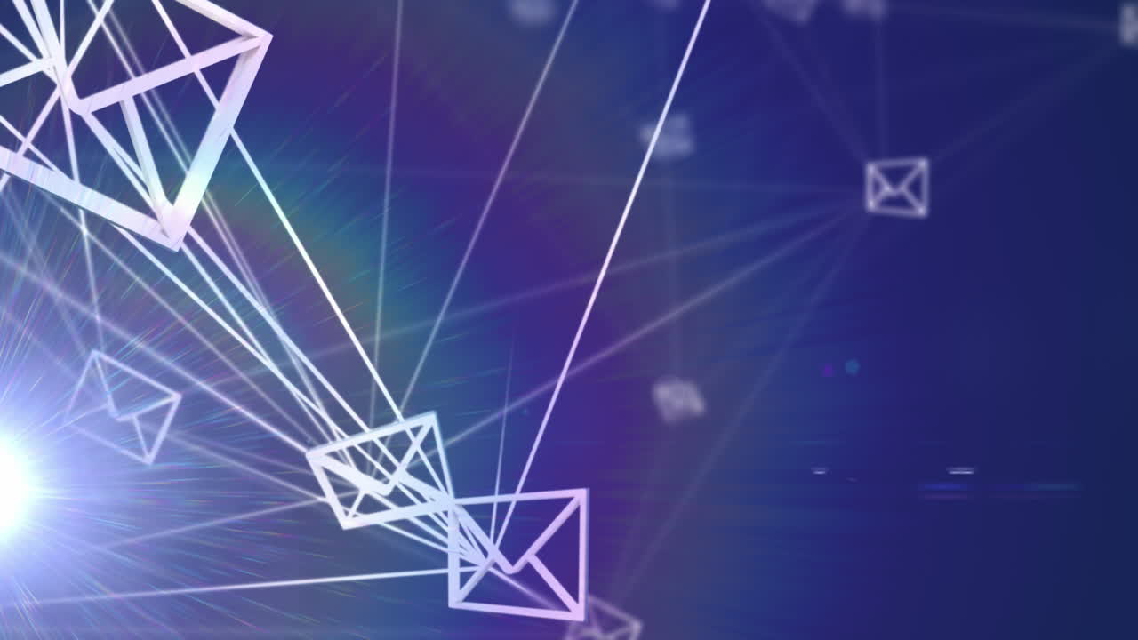 검은색 배경 위에 선과 렌즈 플레어와 연결된 봉투 아이콘의 애니메이션