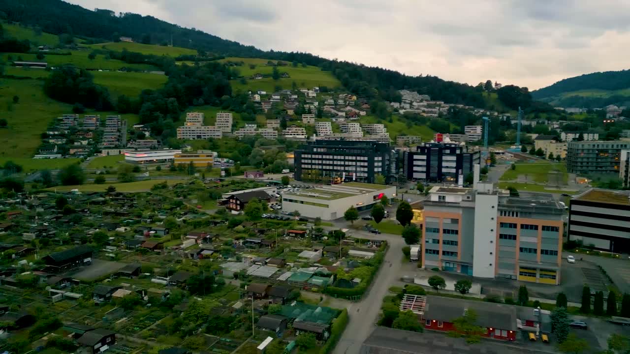 4K Drone Video of Business Park and Community Garden in Kriens, Switzerland on a Summer Evening