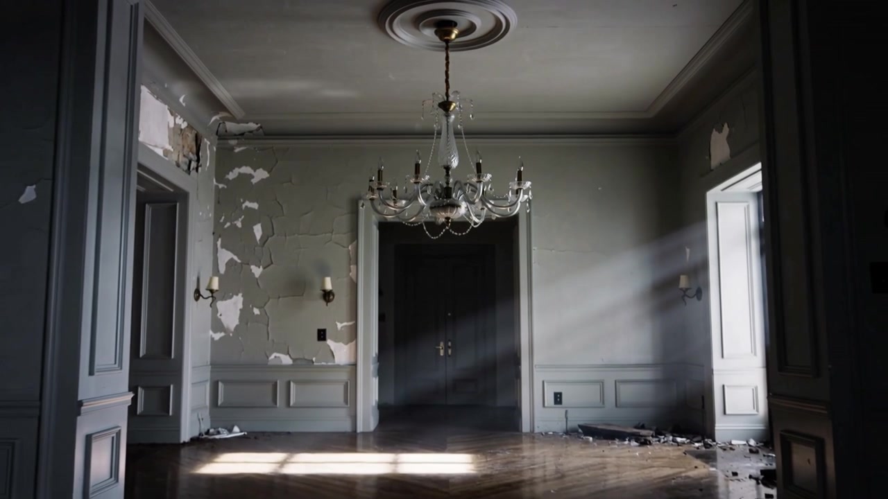 Telecamera che si allontana rivelando un lampadario in un salotto antico, con la finestra a destra che lascia entrare la luce del sole mostrando il degrado.