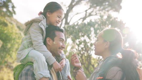 happy family, smell and flower outdoor in nature