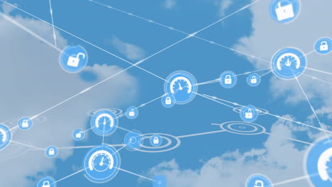 animación de la red de conexiones con iconos digitales sobre nubes