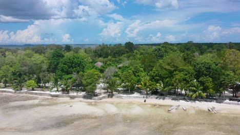 aerial slow motion of green trees along empty coastline beach on leebong private island during low tide on a sunny day belitung indonesia