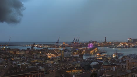 evening timelapse of genoa port with thunderstorm and lighting, italy