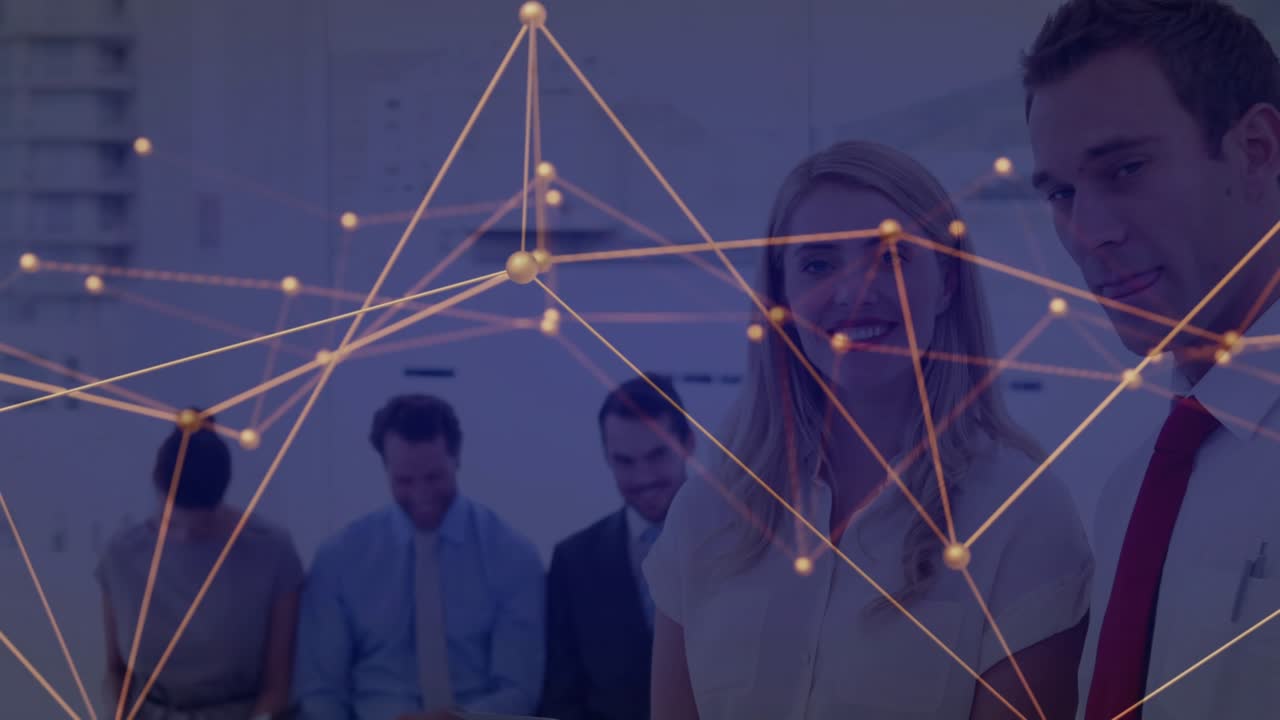 Business colleagues reviewing report as network overlay gliding intensifying around standing duo