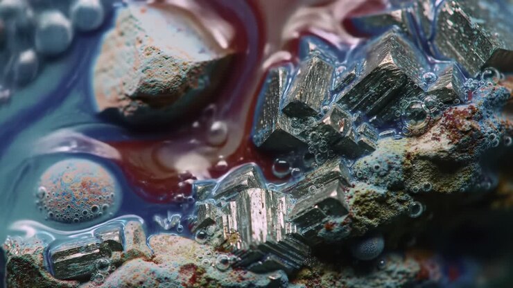 Captivating Close-Up of Metallic Crystals Surrounded by Vivid Colorful Liquid with Bubbles, Showcasing Natural Beauty and Intricate Details of Mineral Formation