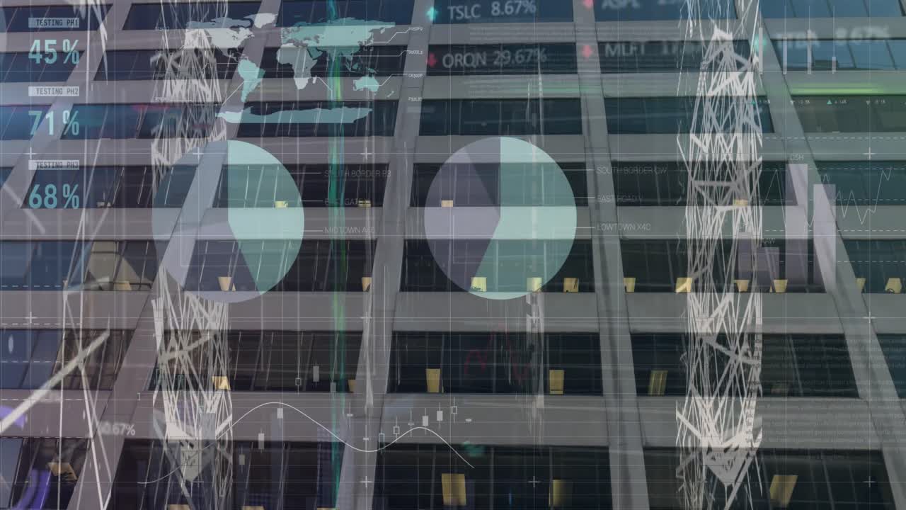 사무실 건물 위의 금융 그래프와 데이터의 애니메이션