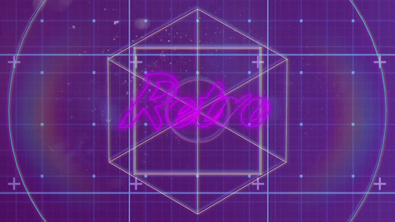 기하학적 그림과 스포트라이트 위에 분홍색 네온 글자로 레트로 텍스트의 애니메이션