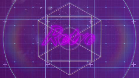 Animation-of-retro-text-in-pink-neon-letters-over-geometric-figures-and-spotlights