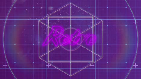 animatie van retro tekst in roze neon letters over geometrische figuren en schijnwerpers