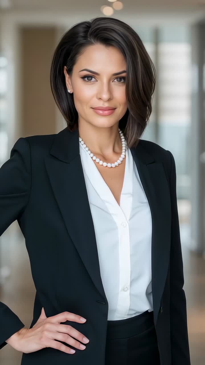 Vertical video: Executive standing in office hallway tilting head, wearing black blazer and pearls