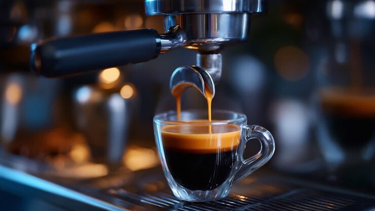 Uno shot di espresso realizzato alla perfezione versato in una tazza di vetro trasparente da una macchina per espresso che mette in risalto il ricco aroma e il colore del caffè appena preparato