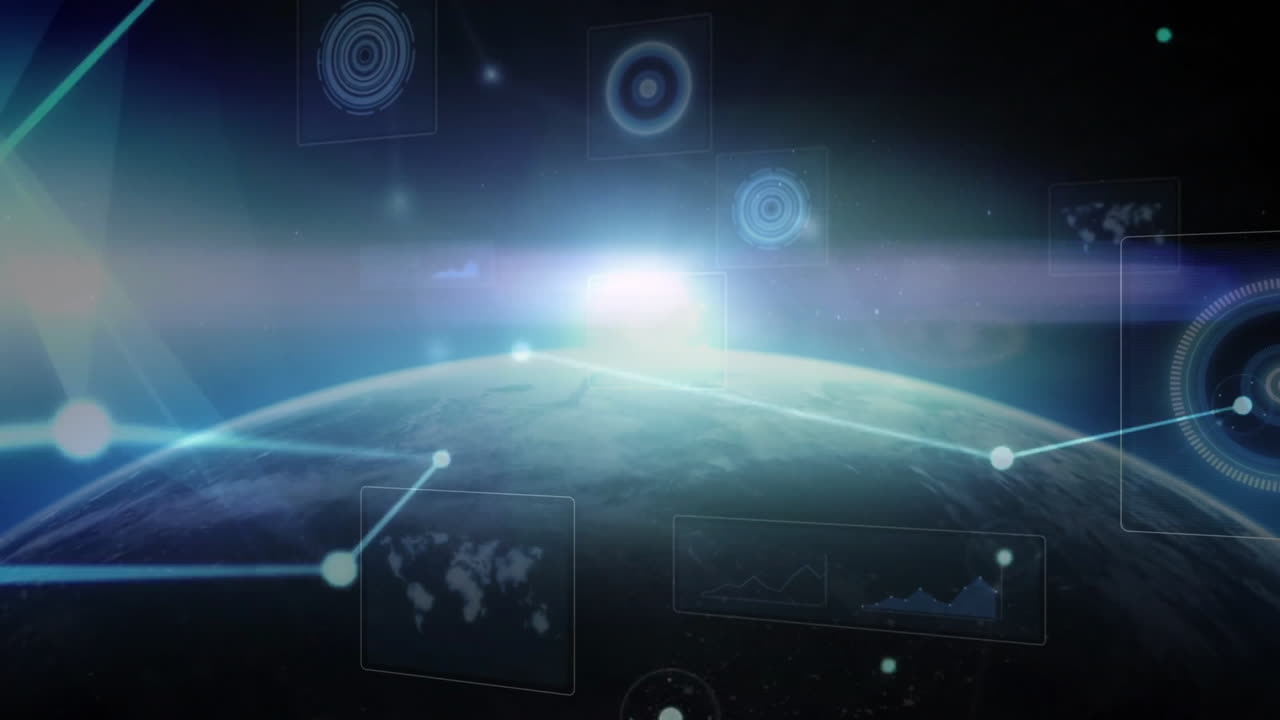 Digital network connections and data processing animation over view of Earth
