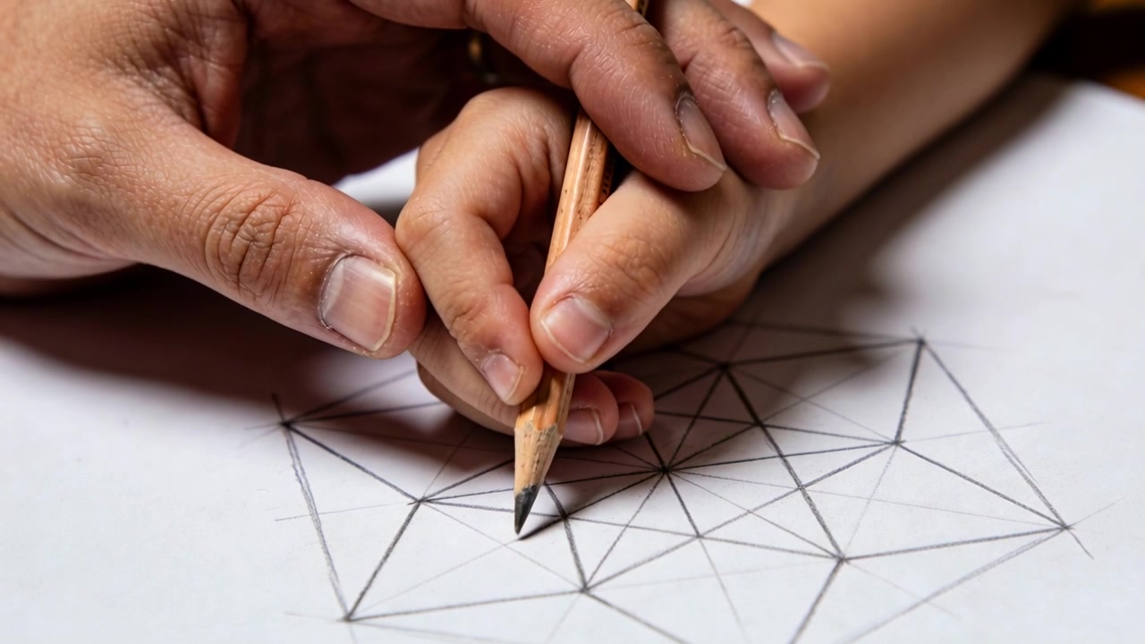 Guiding adult cupping child's hand, placing pencil on triangle grid at home, teaching drawing