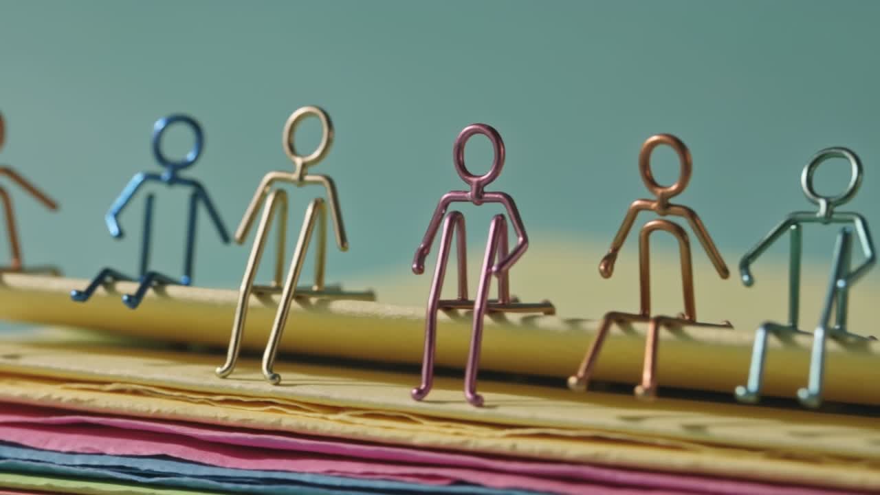 Tiny wire figurines of people sitting on edge of stack of colorful office folders