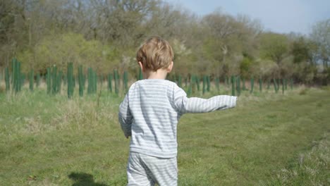 Niño-Pequeño-Corre-Por-El-Campo-A-Lo-Largo-De-árboles-Jóvenes-En-Un-Día-Soleado,-Cámara-Lenta