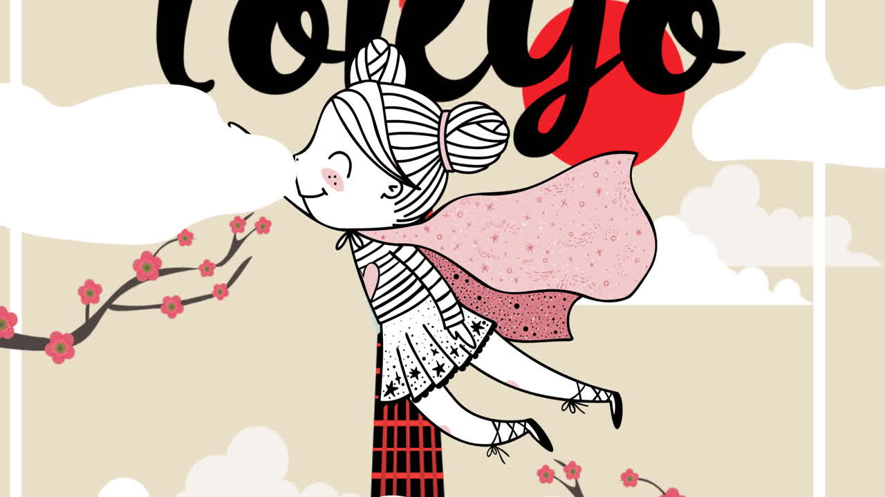 도쿄 텍스트와 함께 도시 풍경 위를 날아다니는 슈퍼 히어로 요정의 애니메이션