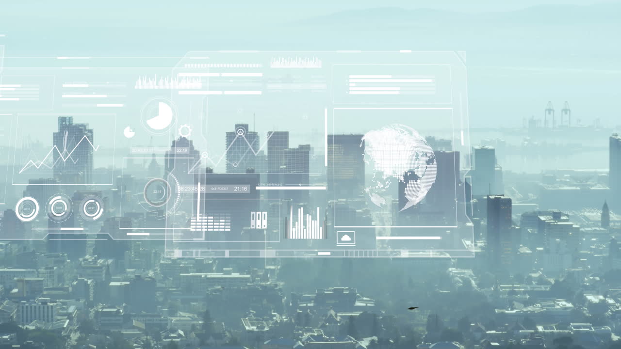 그래프의 애니메이션, 하늘에 대한 현대 도시 풍경 위에 지구를 가진 로딩 서클과 바