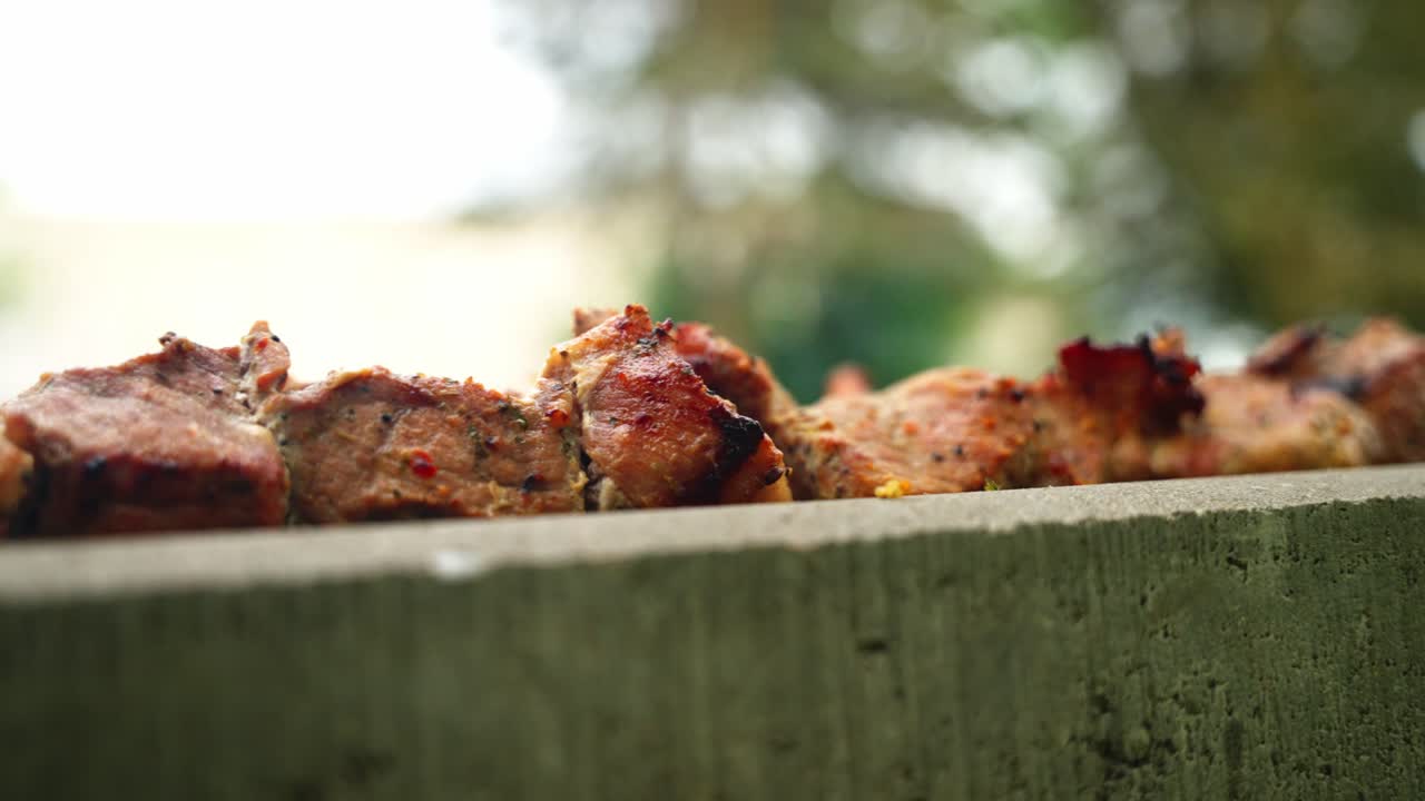 Juicy shashlik grilling outdoors, smoky, delicious barbecue vibes