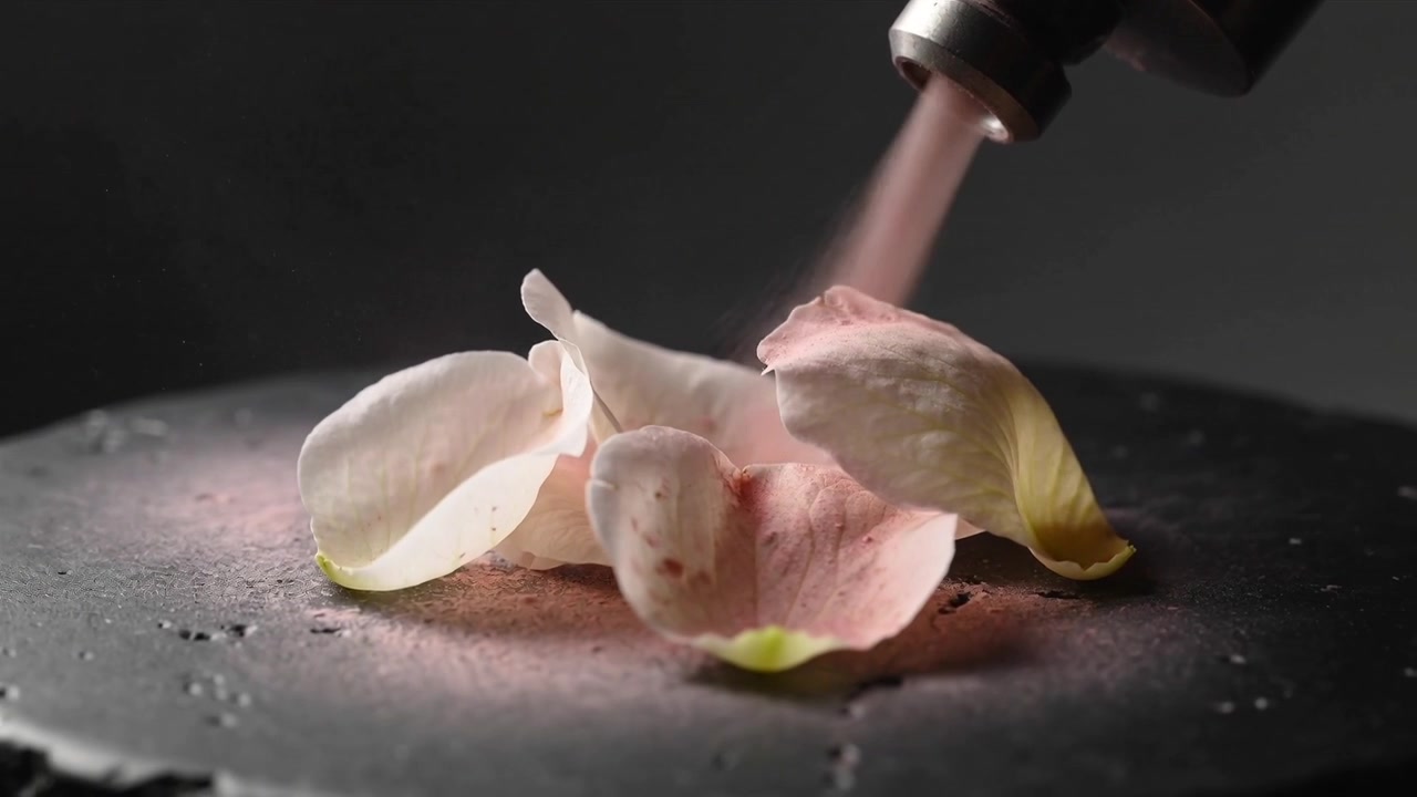 Spraying metal nozzle emitting fine pink mist onto pale petals on dark slate plate, creating halo
