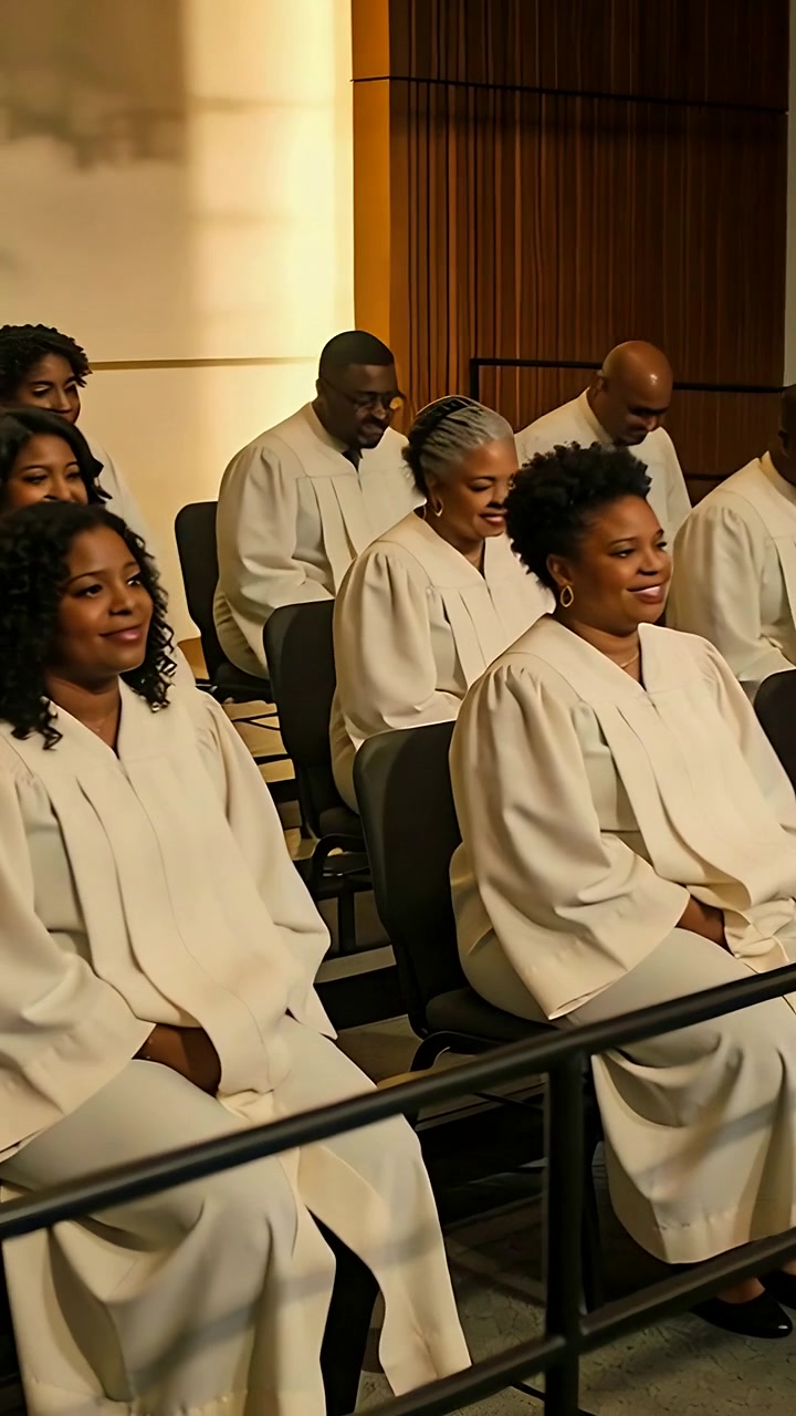 Vertical video: Song cue cueing choir singing and sitting down in church to worship in white robes