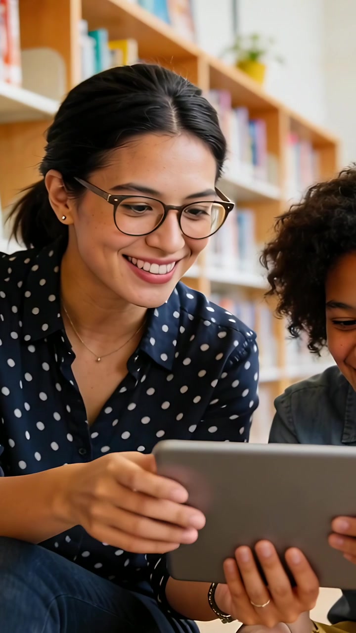 Video verticale: Donna con blusa a pois che si gira e guida un bambino con un tablet in biblioteca, toccando per interagire.