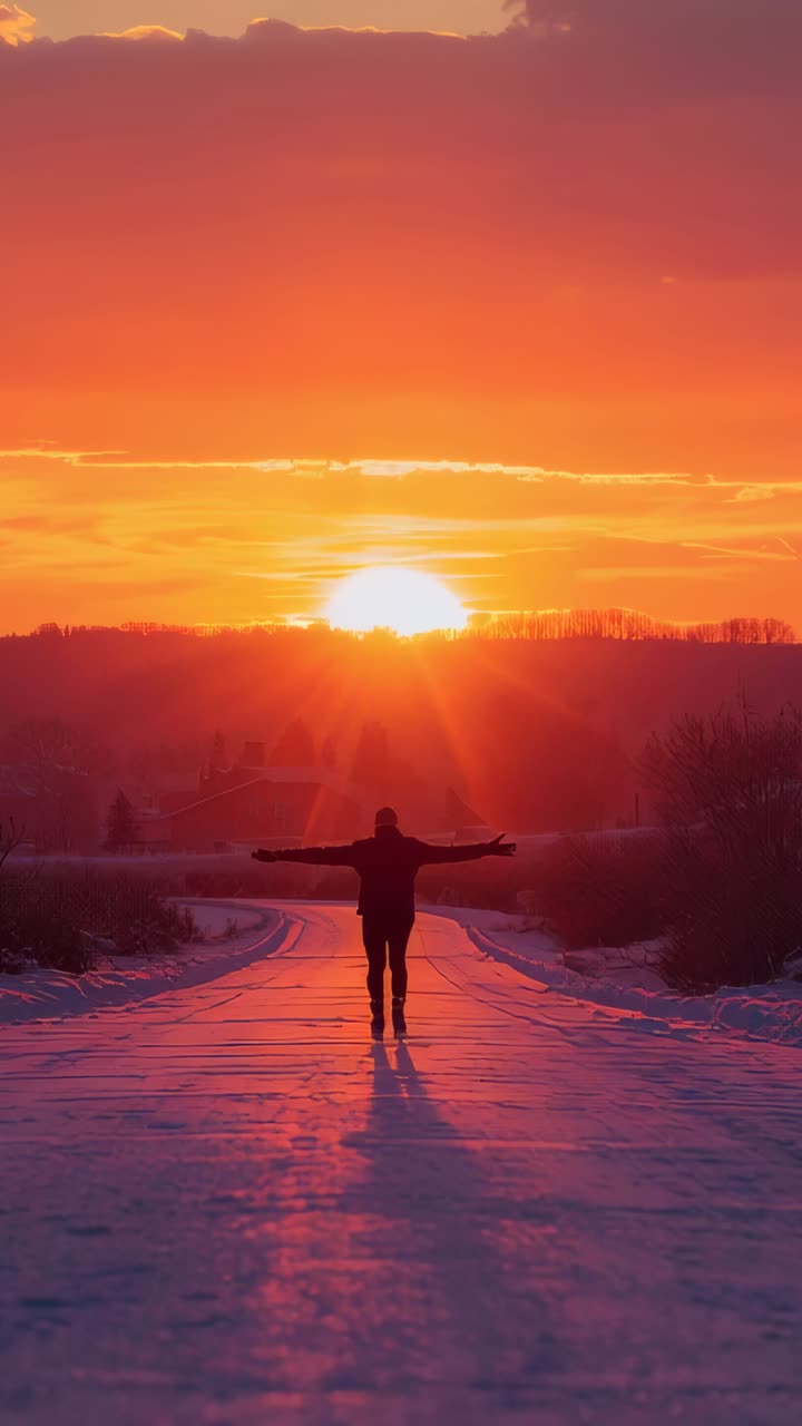 Vertical video: Low sun drawing man in coat walking toward ridge on rural snow road, long shadow